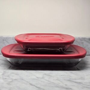 Anchor Hocking Glass Bakeware Set 2 Piece Rectangular Baking Dishes w/ Red Lids